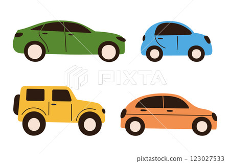 Vector illustration set of four cartoon cars in flat cartoon style. Minimalistic colorful sedan, compact car, SUV, and jeep. Doodle icons for transportation, travel, children books, and urban themes Vector illustration set of four cartoon cars in flat cartoon style. Minimalistic colorful sedan, compact car, SUV, and jeep. Doodle icons for transportation, travel, children books, and urban themes 123027533