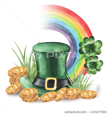 Watercolor drawing of hat and rainbow with lucky clover leaf, golden coins.Hand drawn watercolor illustration. Fors card, advertisement, . Isolated on white background. 123027560