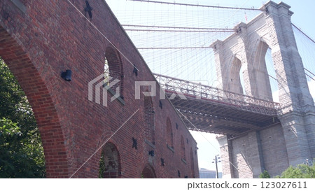 New York City Brooklyn Bridge. Red brick wall, old historic tobacco warehouse. Dumbo Market, Theater New York City Brooklyn Bridge. Red brick wall, old historic tobacco warehouse. Dumbo Market, Theater 123027611