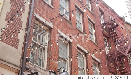 New York City Manhattan building architecture. Red brick house exterior. Real estate property, USA. New York City Manhattan building architecture. Red brick house exterior. Real estate property, USA. 123027613