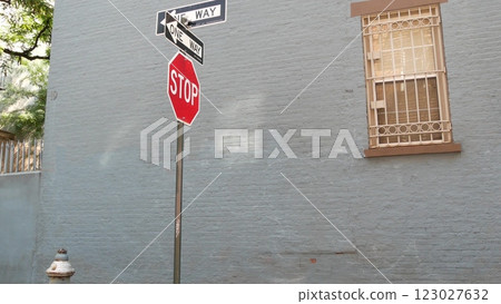 New York City oneway crossroad, Minetta street intersection, one way, red stop road sign. Manhattan. 123027632