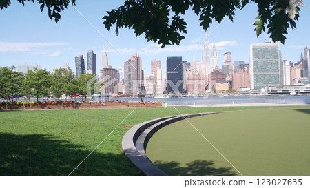 New York City waterfront skyline, Manhattan Midtown riverfront skyscrapers. Cityscape from Queens. 123027635