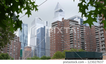 New York City residential red brick architecture, Hudson Yards, Chelsea, Manhattan Midtown street. 123027637