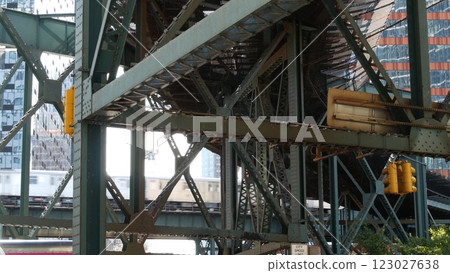 New York City elevated subway, metropolitan bridge, metro train track above street. Railway transport 123027638