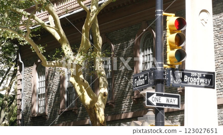 Broadway street road sign, Manhattan architecture, New York City. Traffic light, St. Paul's Chapel. 123027651