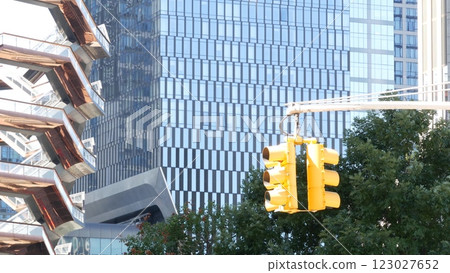 New York City, Hudson Yards urban architecture, Manhattan Midtown, USA. Skyscrapers, traffic light 123027652