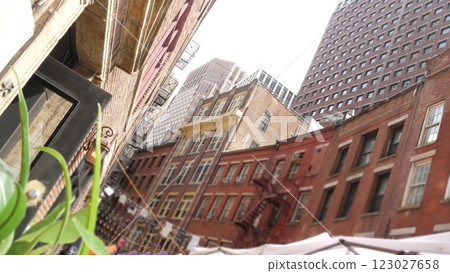 New York City Manhattan building architecture. Red brick house exterior. Real estate property, USA. New York City Manhattan building architecture. Red brick house exterior. Real estate property, USA. 123027658
