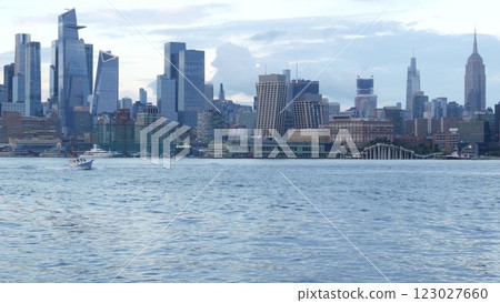 New York City waterfront skyline, Manhattan Midtown cityscape Hudson Yards skyscrapers. New Jersey. 123027660