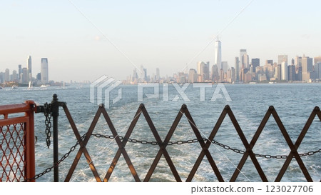 New York City skyline from ferry boat to Staten Island. Manhattan downtown, World Trade Center, USA. 123027706