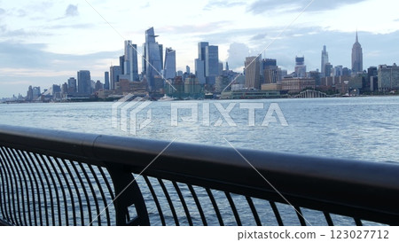 New York City waterfront skyline, Manhattan Midtown cityscape Hudson Yards skyscrapers. New Jersey. New York City waterfront skyline, Manhattan Midtown cityscape Hudson Yards skyscrapers. New Jersey. 123027712