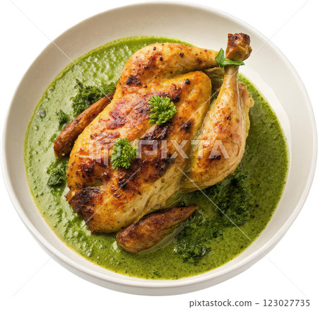 Delicious Matcha Infused Chicken Dish Served on a Vibrant Green Sauce Bed 123027735