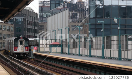 New York subway station. Metro train on metropolitan platform, United states public transportation. 123027786