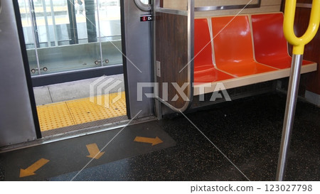 New York subway train, inside metropolitan wagon. United States metro transport, underground railway New York subway train, inside metropolitan wagon. United States metro transport, underground railway 123027798