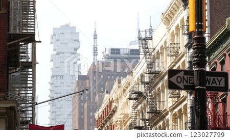 New York City Manhattan Soho fashion district near Broadway street. USA urban building architecture. 123027799