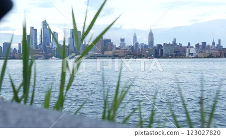 New York City waterfront skyline, Manhattan Midtown cityscape Hudson Yards skyscrapers. New Jersey. New York City waterfront skyline, Manhattan Midtown cityscape Hudson Yards skyscrapers. New Jersey. 123027820