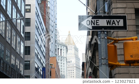 New York City street crossroad, yellow traffic light, transport road intersection, United States. New York City street crossroad, yellow traffic light, transport road intersection, United States. 123027821