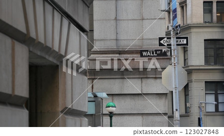New York City Manhattan Downtown Financial District, USA. American Wall street sign, Stock Exchange. 123027848