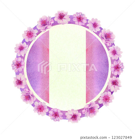 Round frame with sakura flowers with gradient color background isolated on white. Spring blooming cherry blossom flowers for Hanami festival. Shades of pink, lilac, purple petals. Watercolor template Round frame with sakura flowers with gradient color background isolated on white. Spring blooming cherry blossom flowers for Hanami festival. Shades of pink, lilac, purple petals. Watercolor template 123027849