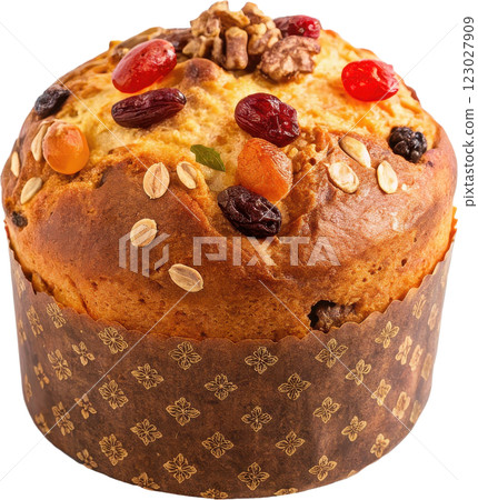 Freshly baked Italian panettone cake a traditional sweet bread studded with dried fruits and nuts 123027909