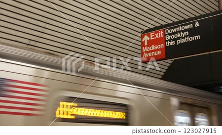 New York subway station, underground metropolitan platform sign. Metro railway passenger transport. New York subway station, underground metropolitan platform sign. Metro railway passenger transport. 123027915