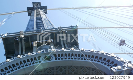 New York City Manhattan Bridge to Brooklyn Dumbo. Cables and sky from pedestrian path. Low angle. 123027949