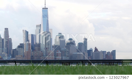 New York City waterfront skyline, Manhattan Downtown cityscape, World Trade Center from New Jersey. 123027967
