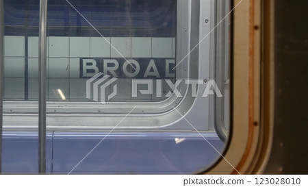 New York subway station, underground metropolitan platform sign. Metro railway passenger transport. 123028010