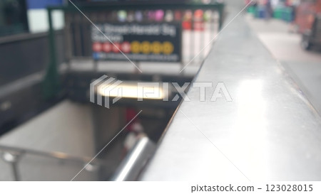 New York subway sign, underground metro station. Metropolitan entrance fence, public transport exit. New York subway sign, underground metro station. Metropolitan entrance fence, public transport exit. 123028015