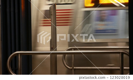 New York subway station, underground metropolitan platform sign. Metro railway passenger transport. New York subway station, underground metropolitan platform sign. Metro railway passenger transport. 123028019