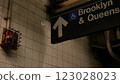 New York subway station interior, text sign. Manhattan underground metropolitan. United States metro 123028023