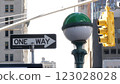 New York City subway entrance globe, orb lamp. Traffic light, Manhattan downtown, underground metro. 123028028