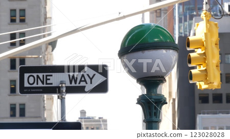 New York City subway entrance globe, orb lamp. Traffic light, Manhattan downtown, underground metro. 123028028