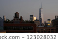 New York City Manhattan downtown skyline cityscape. World Trade Center, rooftop water tower tank. 123028032