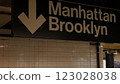 New York subway station interior, Manhattan text sign. Underground metropolitan. United States metro 123028038