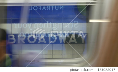 New York subway station, underground metropolitan platform sign. Metro railway passenger transport. 123028047