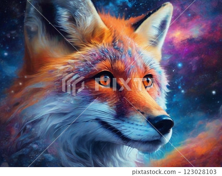 portrait of cosmic fire nine tail fox, dynamic posture, realistic texture detailing, unrealistic, natural vibrant lighting. High quality photo 123028103
