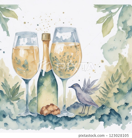 Watercolor painting of clinking glasses with wine and toasting against a blue sky, cheers concept. Computer generated illustration. High quality photo 123028105