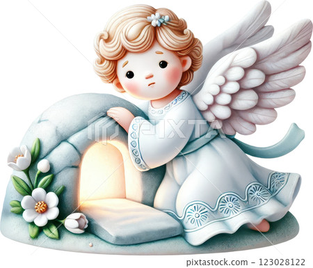 Elegant Ceramic Cherub Angel Figurine with Floral Accents, Delicate Pastoral Easter Ornament 123028122