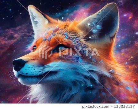 portrait of cosmic fire nine tail fox, dynamic posture, realistic texture detailing, unrealistic, natural vibrant lighting. High quality photo 123028137