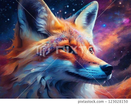 portrait of cosmic fire nine tail fox, dynamic posture, realistic texture detailing, unrealistic, natural vibrant lighting. High quality photo 123028150