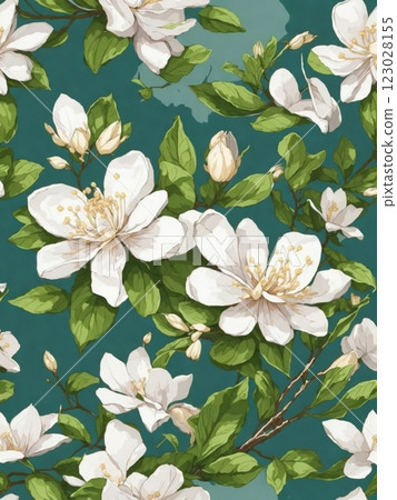 Jasmine flower bouquet with stem and leaves creative layout. White flowers in summer garden set isolated on white background. Flat lay, top view. Design element . High quality photo 123028155