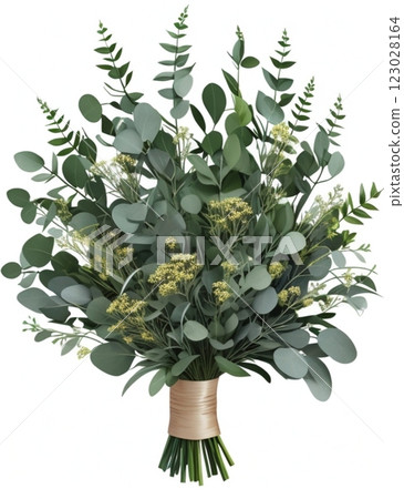 Bouquet of eucalyptus and succulents in pots stand on a table. High quality photo 123028164