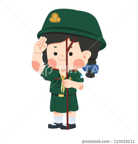 Cute Girl scout thai holding pole yelling Cute Girl scout thai holding pole yelling 123028212