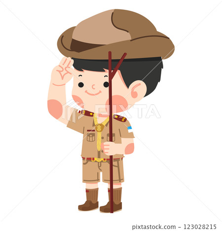 Thai Boy Scout in uniform holding a pole Thai Boy Scout in uniform holding a pole 123028215