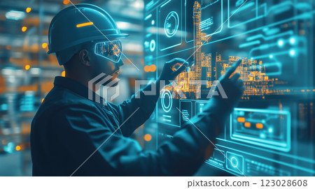 Male industrial engineers interacts with a transparent holographic interface and analysis data of oil refinery. created with Generative AI. 123028608