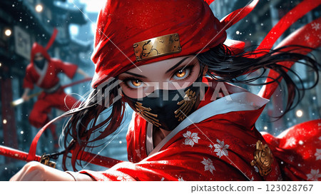 Female ninja in a red kimono 123028767