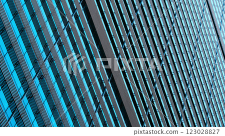 The sleek facade features a mesmerizing interplay of blue glass and metallic lines, creating a dynamic pattern of repetition and depth. The diagonal composition enhances the sense of movement and The sleek facade features a mesmerizing interplay of blue glass and metallic lines, creating a dynamic pattern of repetition and depth. The diagonal composition enhances the sense of movement and 123028827