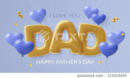 Father's Day banner with gold 3d inflated Dad word blue balloons and confetti 123028895