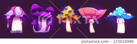 Magic mushroom set with glowing fantasy elements 123028996