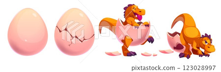 Orange baby dinosaur hatching sequence Orange baby dinosaur hatching sequence 123028997